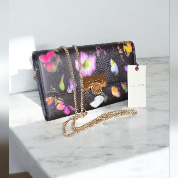 Ted Baker Handbags - Ted Baker Black Floral Crossbody Or Clutch with Gold Chain, NWT